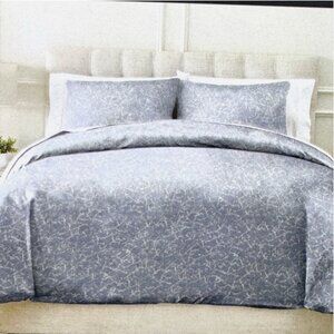 3pc Rachel Zoe Dusty Blue Crackle KING Duvet Cover Sham Set White Silver Luxury